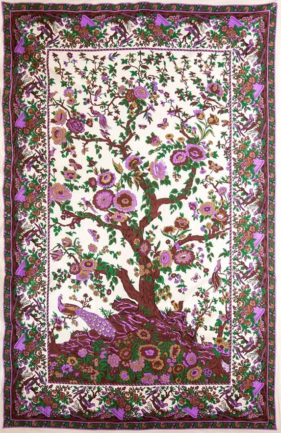 Tapestries Peacock Flowering Tree of Life - White and Pink - Tapestry 100649