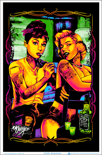 Posters James Danger Harvey - Marilyn Monroe and Audrey Hepburn - Tattoo - Velvet Black Light Poster 103553 TrippyStore