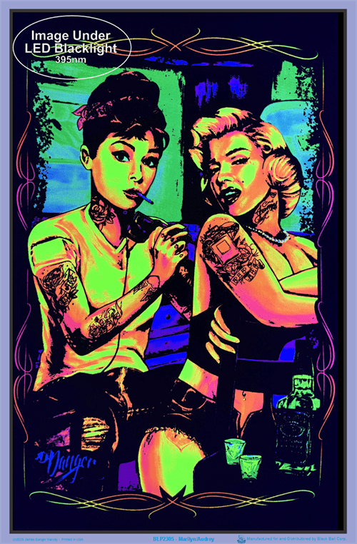 Posters James Danger Harvey - Marilyn Monroe and Audrey Hepburn - Tattoo - Velvet Black Light Poster 103553 TrippyStore