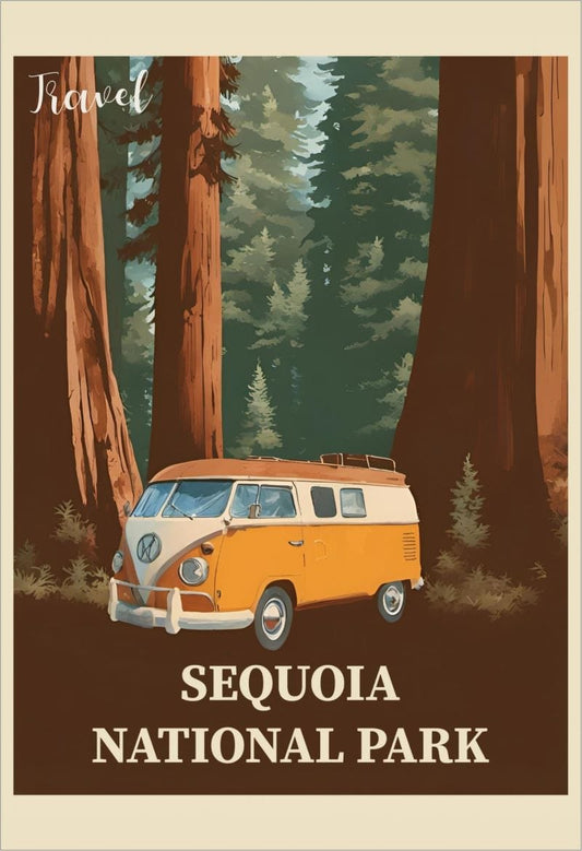 Posters Sequoia National Park - Camper Van - Retro Travel Poster 103441