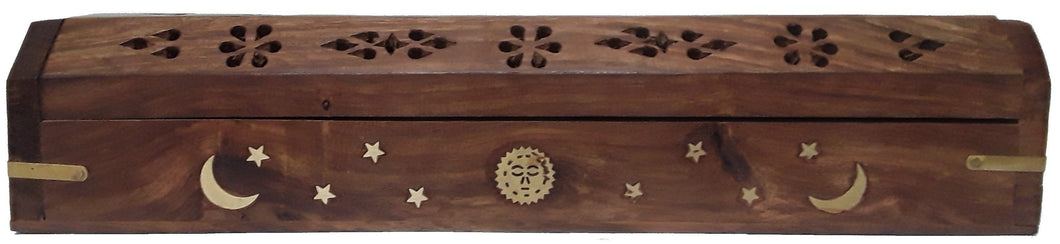 Celestial Sun, Moon and Stars - Wood Coffin Incense Burner