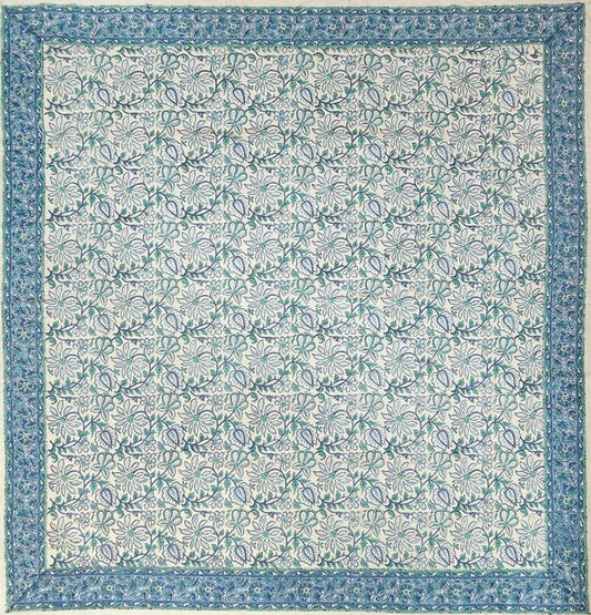 Tablecloths Hand Blocked Flowering Vines - Blue and Green - Square Tablecloth 102960