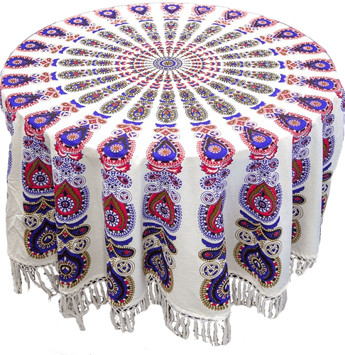 Tablecloths Peacock Mandala with Fringe - Blue and Red - Round Tablecloth 101546