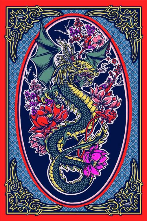 Tapestries 3D - Dragon and Flowers Tattoo - Tapestry 101191