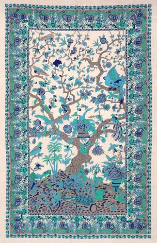 Tapestries Flowering Trees and Birds - Blue and Turquoise - Tapestry 100660