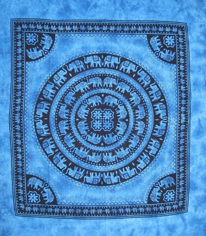 Tapestries Marching Elephant Mandala with Fringe - Blue - Tapestry 101313