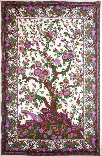 Tapestries Peacock Flowering Tree of Life - White and Pink - Tapestry 100649