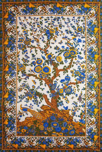 Tapestries Peacock Flowering Tree of Life - Yellow and Blue - Tapestry 100653