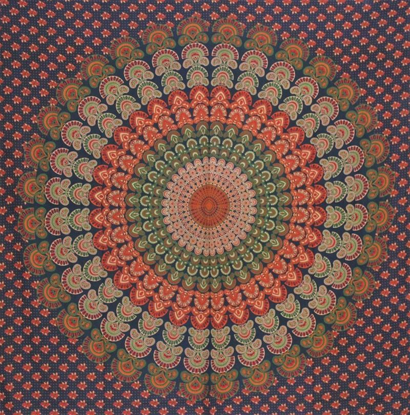 Tapestries Peacock Mandala - Green and Orange Burst - Tapestry 101334