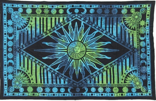 Tapestries Psychedelic Celestial Sun - Green and Blue Tie-Dye - Tapestry 100377